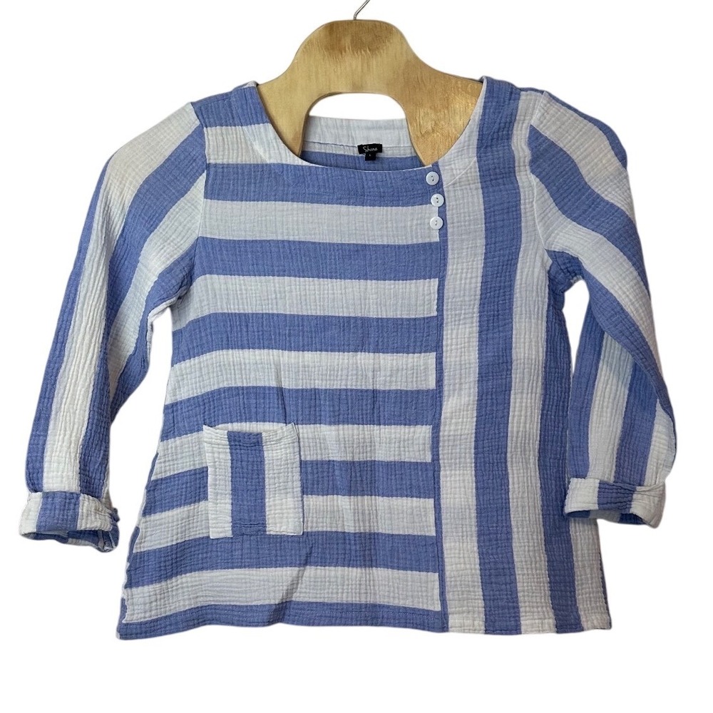 Shana Blue White Striped Cotton Gauzy Top Long Sleeve‎ Boat Neck Size L Beachy